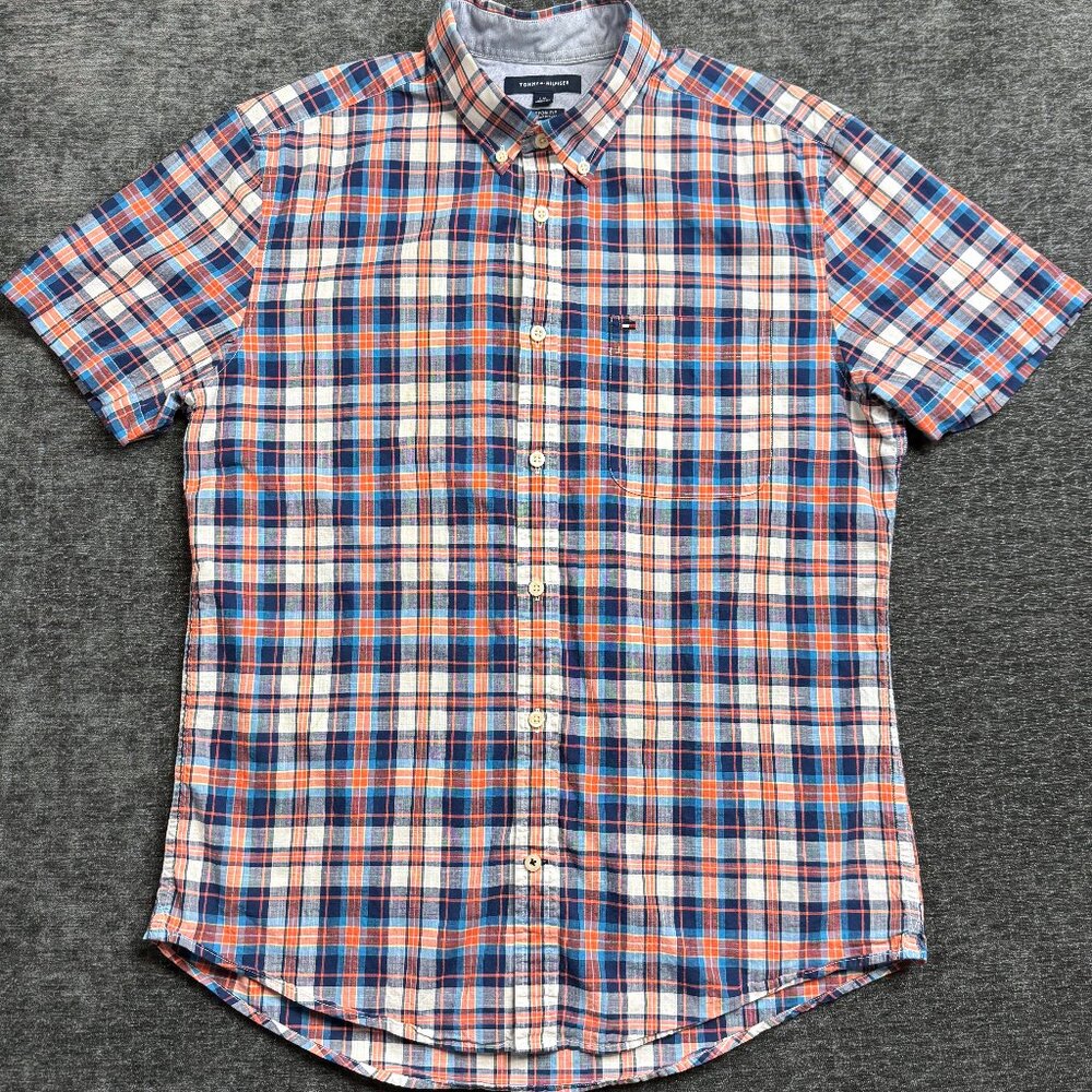 Tommy Hilfiger Men’s Short Sleeve Button Down Shirt Large Custom Ft Plaid Cotton